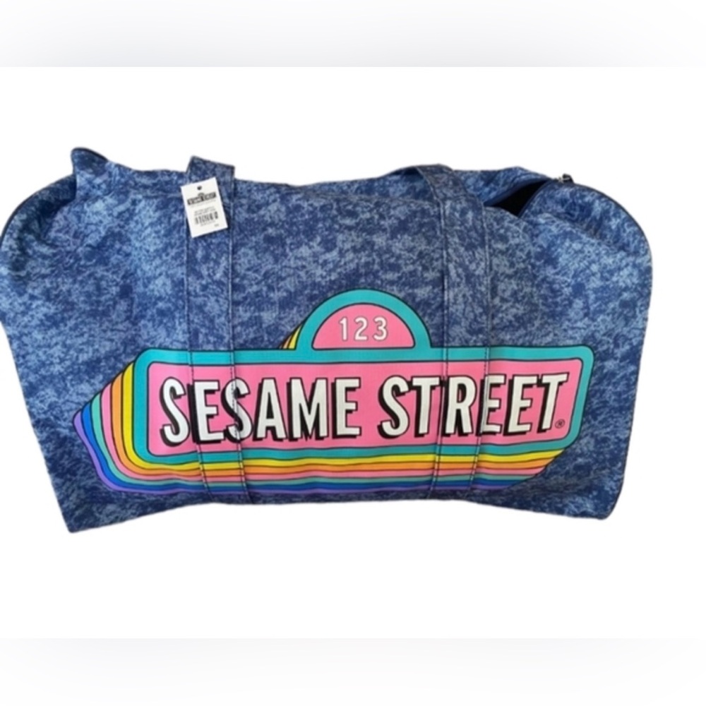 New With Tags Denim Sesame Street Blue Duffle Tote Weekender Travel Bag Luggage